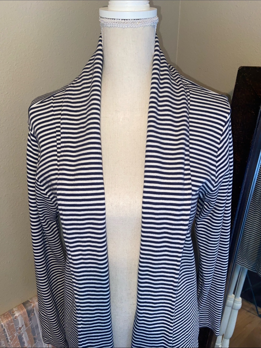 Navy Blue & White Stripe Open Front Cardigan Sweater Sweatshirt 100% Cotton MED
